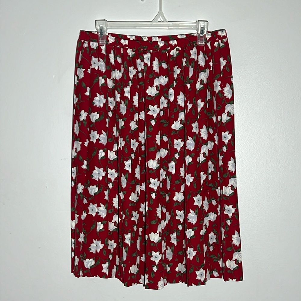 Red Floral Pleated Midi Skirt - Women's